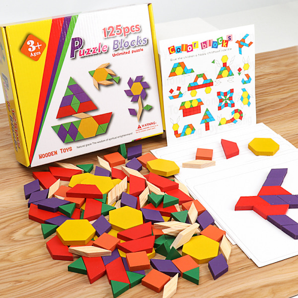 Träpussel för barn, tredimensionellt tangrampussel, DIY-geometrisk form, kognitiv leksak, 125 delar