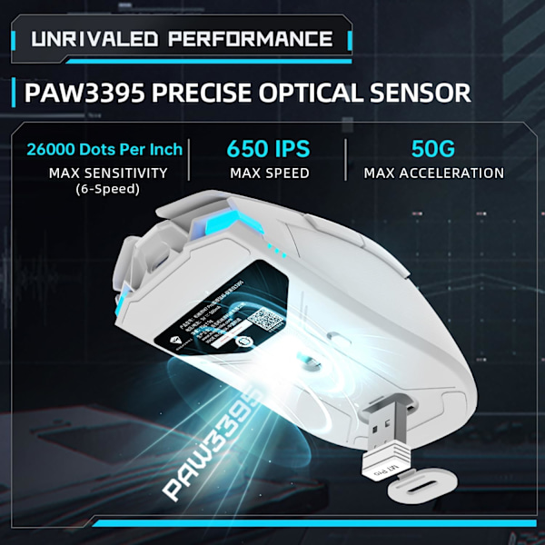Trådløs Gaming Mus, 26.000 DPI, PAW3395 Sensor, RGB Baggrundsbelysning, Ergonomisk Design, 6 Programmerbare Knapper, Lang Batterilevetid, Ultralet White M7 Pro