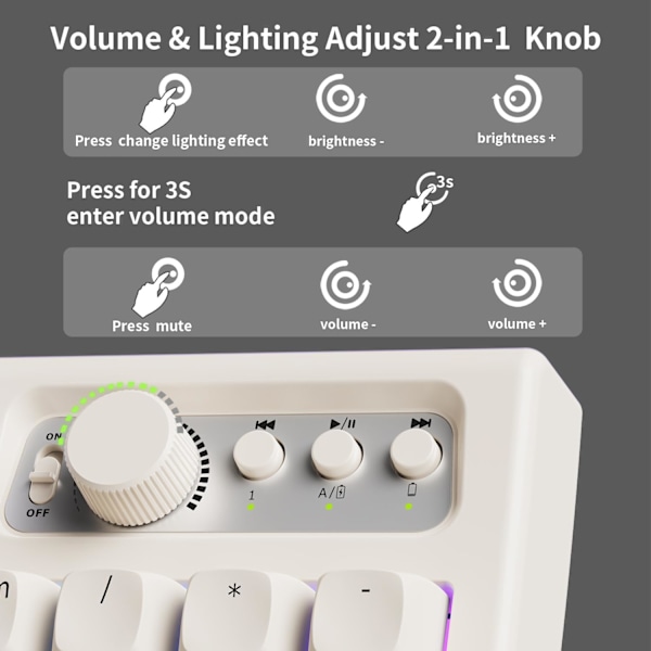 V97 Söpö Kermainen Näppäimistö, Bluetooth/2.4GHz Pelikäyttöön Langaton RGB-Taustavalaistuksella, Media-Nappi, Kaareva Runko, Ladattava Hiljainen Tietokoneen Näppäimistö white