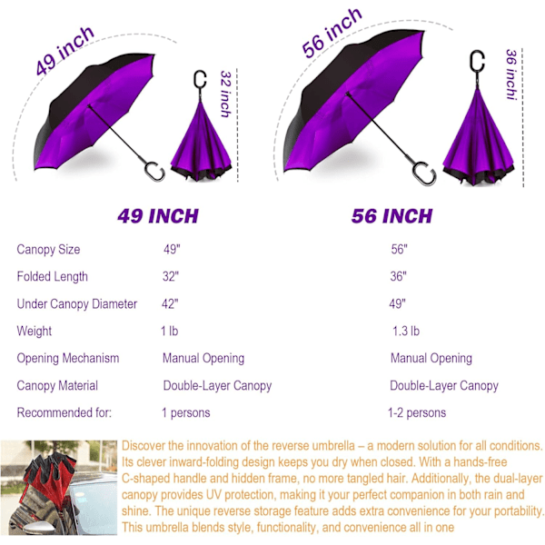 49 tommers omvendt paraply med dobbel baldakin, ekstra stor, vindtett, vanntett paraply med C-formet håndtak. Purple 49 Inch