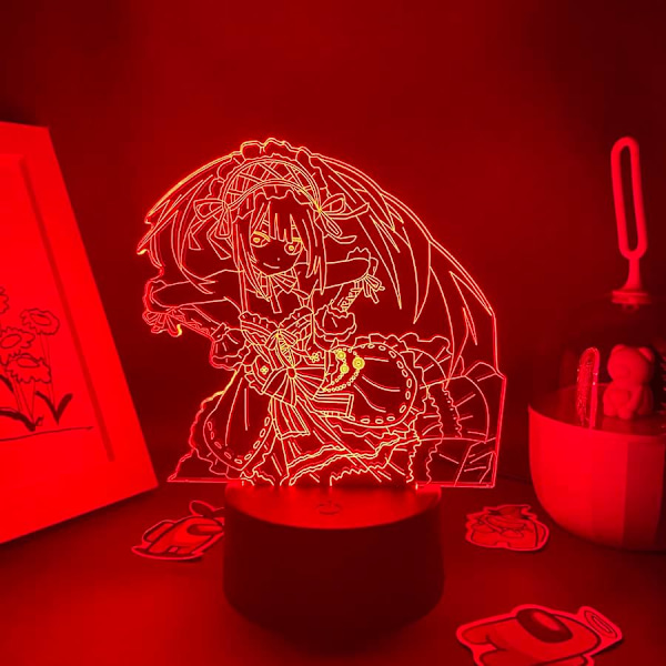 Anime Date A Live Figur Tokisaki Kurumi 3D Hologram Lampe USB Natlampe LED Illusion Lampe Fjernbetjening+Berøringsbordlampe Julegave (Sort Base)