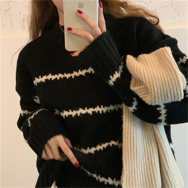Randig tröja Dam Rund Hals Långärmad Pullover Tröjor Höst Vinter