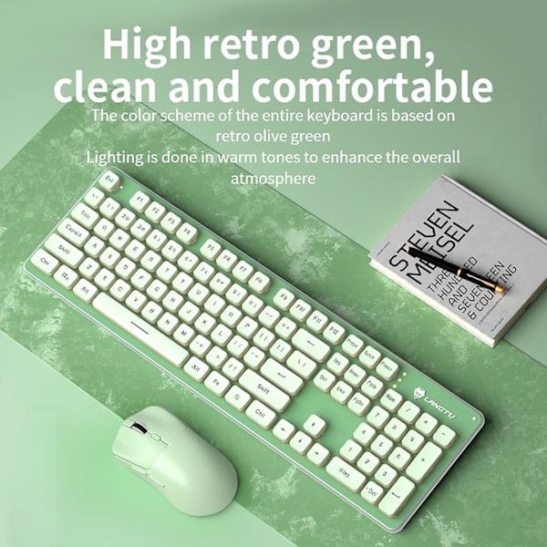 Bakgrundsbelyst Trådlöst Tangentbord och Mus, Tyst Inmatning, Sömnläge, 2.4G Laddningsbart Datortangentbord och Optisk Musuppsättning för Laptop PC Green+warm light
