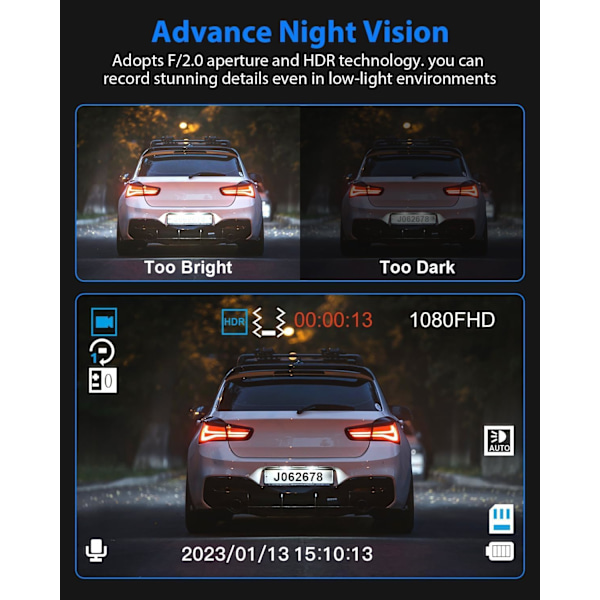 Dashkamera, 3-kanals dashkamera, 1080P dashkamera fram och inuti, trippel dashkamera, dashkamera med 32 GB-kort, HDR, G-sensor, 24 timmars parkering, loop-inspelning