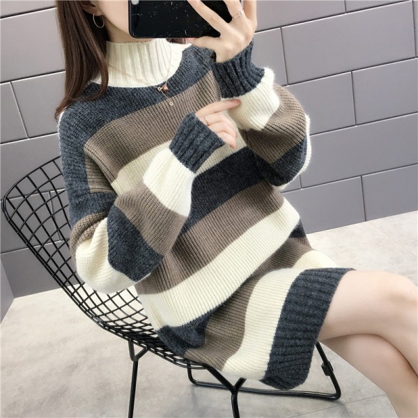1 st 2022 Höst Vinter Dam Långärmad Stickad Tröja Turtleneck Randig Lös Pullover Toppar Deco