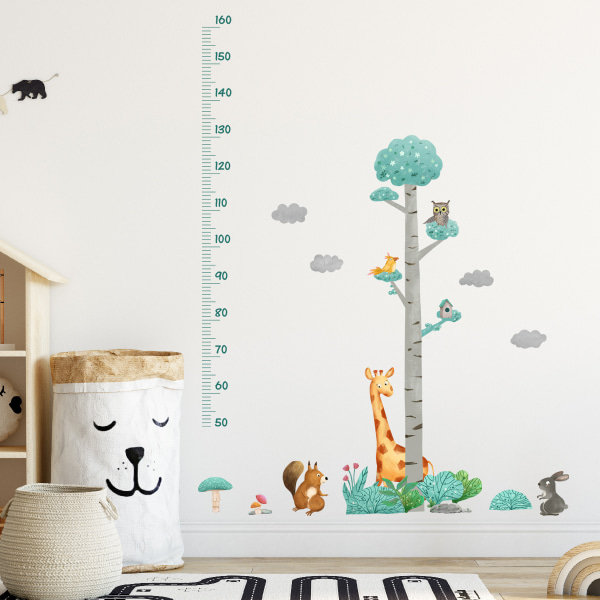 Lasten korkeuskaavion seinätarrat, ihanat metsäeläimet pöllö oravapuun korkeuden mittaiset seinätarrat, irrotettava tee-se-itse-seinämaalaus