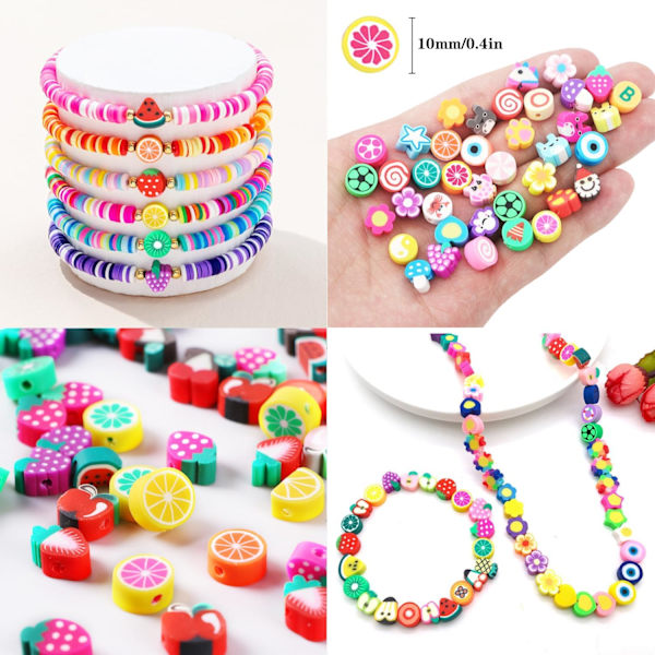 1000PCS Polymer Clay Beads Armband Making kit, 24 Style Söta Roliga Pärlor Frukt Blomma Djur Tårta Fjäril Hjärta Pärlor Charms för Smycken Halsband E
