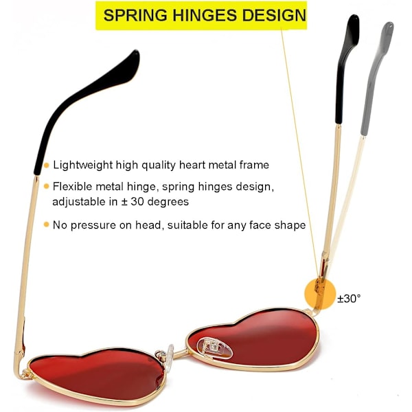 Polariserede hjerteformede solbriller til kvinder - Fashion Lovely Style Metal Frame UV400 beskyttelsesglas Gold Red 54 Millimeters