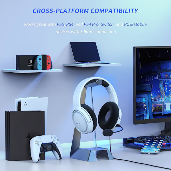 Gaming Headset med mikrofon för PS5 Xbox Series S|X PS4 Xbox One PC Switch, Trådbundna Audifonos Gamer Hörlurar med Mikrofon Playstation 4|5 Xbox 1 White