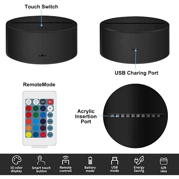 3D LED optisk illusjon akryl nattlys med fjernkontroll og smart touch 7 farger endring（sykkel）
