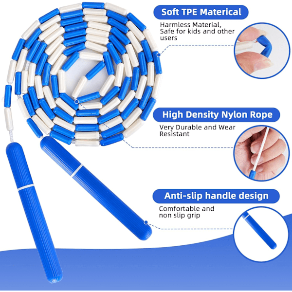 Hoppetov med segmenterede bløde perler - Justerbar hoppetov uden sammenfiltring - Til børn, mænd og kvinder - Til træning, vægttab, fitness og træning 2PCS Blue
