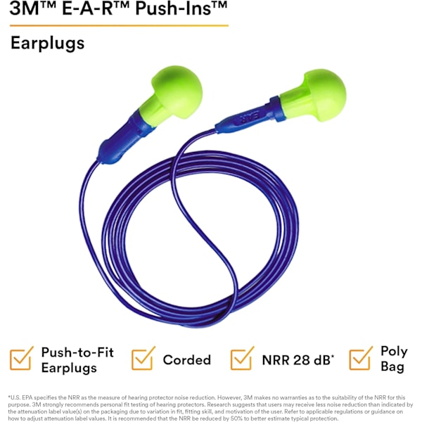 <p>3M E-A-R Push-Ins Ørepropper 318-1001, med Snor, Polypose</p>