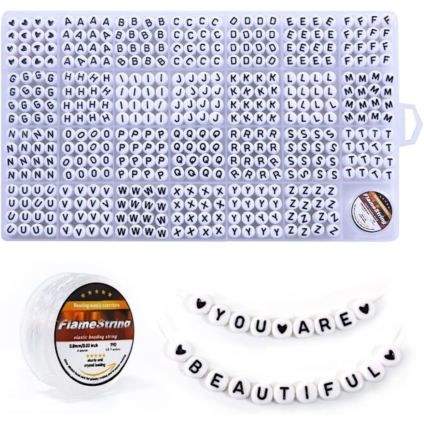 1400 stk. bogstavperler, 4x7 mm akrylperler, perler til smykkefremstilling, perler til armbåndsfremstilling, alfabetperler, i 28 gitterboks (hvid og sort) Black Letters & White Base
