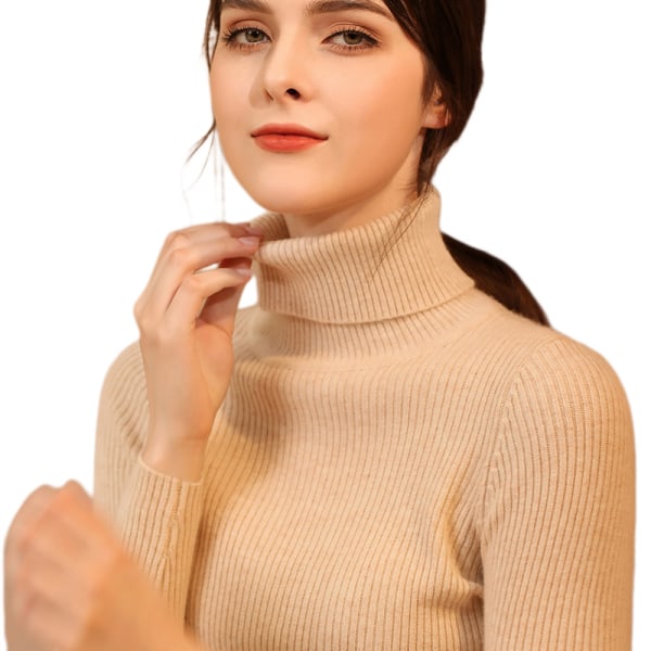 Ribbstickad polotröja för kvinnor Långärmad stickad solid tröja,L