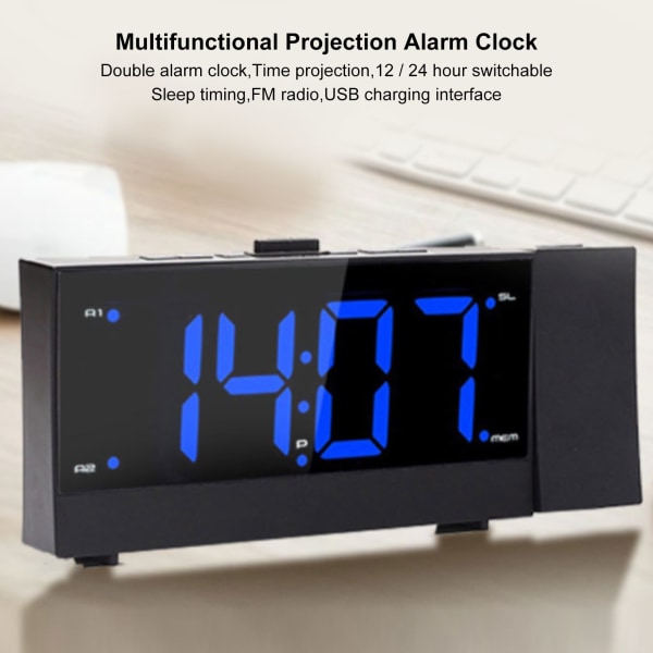 LED-projektionsväckarklocka Multifunktion Dubbel Hög Ljudlarm Klocka FM-radio med Dubbel USB-port för Sovrum