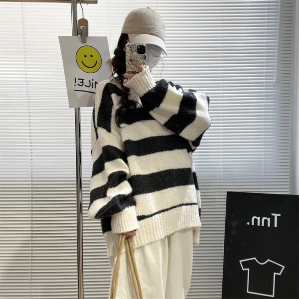Damtröjor Casual Lång Lykta Ärm Besättning Hals Stickad Pullover Randig Jumper Toppar Blus