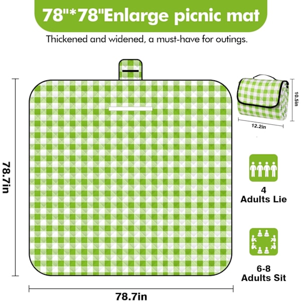 78.7’’* 78.7’’ Extra Stor Vattentät Picknickfilt, Tre-Lagers Tjock Vikbar Utomhusfilt, Allt-i-ett Portabel, Lämplig för green