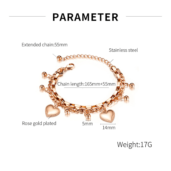 Rosaguldbelagt rustfrit stål hjerte charme kæde led armbånd, dame smykker, gaver til piger og kvinder