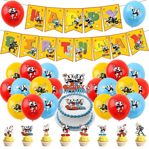 Cuphead temafest dekorationer inkluderer Happy Birthday banner, latex balloner, kagepynt