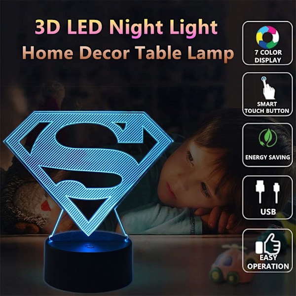 Anime Tegneserie Nattelys, Superman Leselys, 3D Fargerik LED-lys, USB Fjernkontroll Soverom Bordlampe, Læringslampe, Hjemmedekor, Barn B