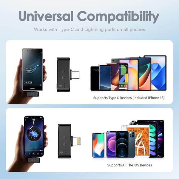 Langaton Lavalier-mikrofoni iPhone/Androidille Lightning/USB C:llä (2 TX+2 RX+Latauskotelo), Mini-mikrofoni Melunvaimennuksella Black