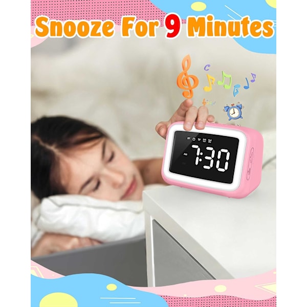 Barnväckarklocka med Bluetooth-högtalare för sovrum, Ok to Wake-väckarklocka för barn med dimbar nattlampa, digital klocka med dubbla alarm, snooze Pink
