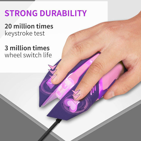 Spilmus, Pink Baggrundsbelyst Optisk Spilmus Ergonomisk USB Kabelforbundet med 2400 DPI og 6 Knapper 4 Skydning til Computer/Win/Mac/Linux/Andriod/iOS(Lilla)