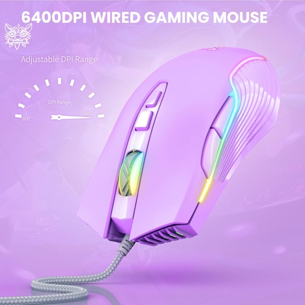 RGB Spillmus Trådløs, USB Optisk Datamus med RGB Bakgrunnsbelysning, 6 Justerbare DPI Opptil 6400, med 7 Programmerbare Knapper Lilac