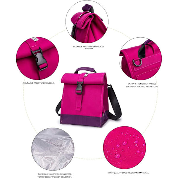 Isolert lunsjpose Rolltop lunsjboks Tote lunsjpose for kvinner, jenter, tenåringer og barn (lilla) Purple