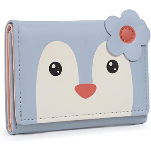 AVEKI Kawaii plånbok för flickor söt pingvin korthållare arrangör vegansk läder trifold dam plånbok, pingvin blå