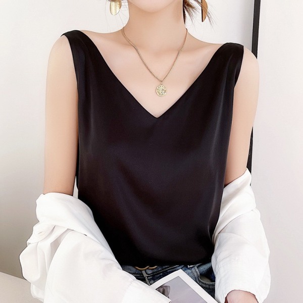 Silkeslen axelbandsväst för kvinnor 2024 sommar ny slim-fit V-ringad kort elegant inre topp T-shirt Black XL