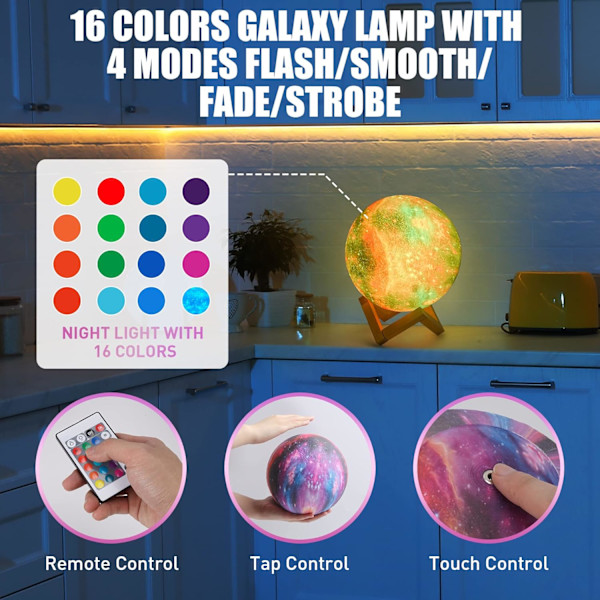Belysning Månelampa Lava Lampa Nattlampa Galaxy Lampa 16 LED Färger med Trästativ & Fjärrkontroll/Touch Control och USB Uppladdningsbar Presenter till Flickor Pojkar