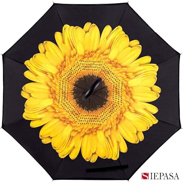 49 tommers omvendt paraply med dobbel baldakin, ekstra stor, vindtett, vanntett paraply med C-formet håndtak. Yellow Daisies 49 Inch