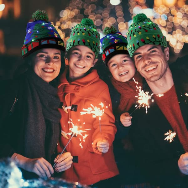 LED Julehue med Lys og 6-Farve Glød, Strækstrikket Design til Julefrokoster og Festlige Begivenheder, One Size Passer De Fleste. Blue