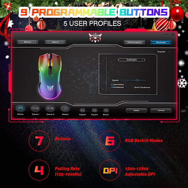 Trådløs Spillmus, RGB Spillmus, 12800 DPI Programmerbar Ergonomisk PC Spillmus med Kule Lyseffekter 7 Knapper