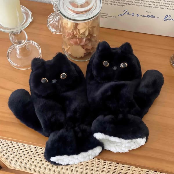 Furry vantar för damer med fleecefoder, termiska mjuka vinterhandskar för kallt väder, Kawaii kattplyschdesign, svart