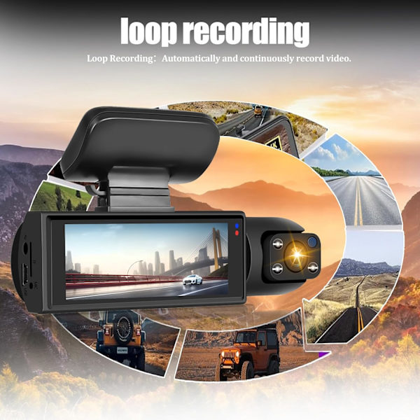 3,16 tums Dash Cam fram och inuti med exponeringskompensation/nattseende/dubbelinspelning/loopinspelning/32G TF-kort