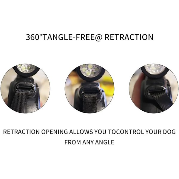 Inntrekkbar hundekobbel med lommelykt, dispenser og hundepose, kraftig nylonbånd for små, mellomstore hunder og katter, enhåndsbrems og lås. 360°Tang black