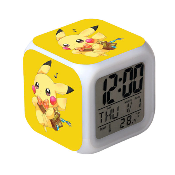 Wekity Pikachu Färgglad Väckarklocka LED Kvadratisk Klocka Digital Växlarm med Tid, Temperatur, Alarm, Datum