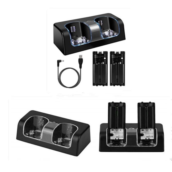 For Nintendo Wii U Dual Remote Controller Lader Ladestasjon + 2x Oppladbare Batteripakke Tilbehørspakke, Svart