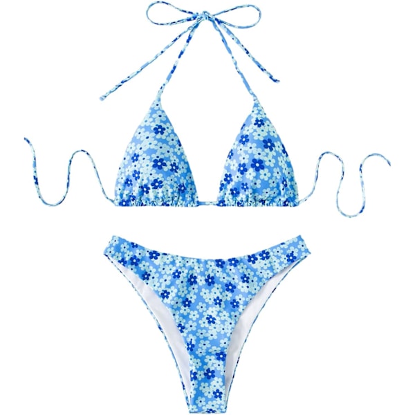 WJSM Dame Halter Binde Side Trekant Bikini Sæt Høj Skæring 2-delt Bikini Badetøj Blue Floral M