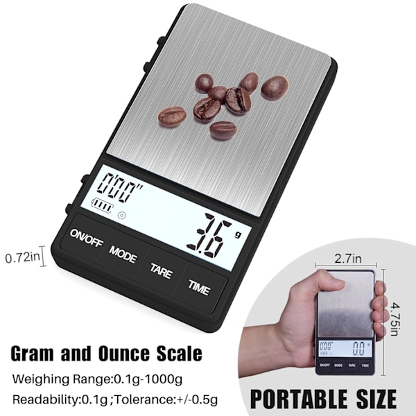 SMEspresso-vekt med timer 1000 g x 0,1 g Liten og tynn reisekaffev vekt, Mini digital vekt gram og unser med stor bakgrunnsbelyst LCD rustfritt stål