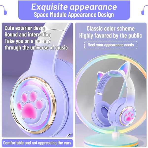 Bluetooth-hodetelefoner for barn, søte ørekatteøre LED-lys opp Foldable hodetelefoner Stereo Over Ear med mikrofon/TF-kort Trådløse hodetelefoner for Smart Soft Purple