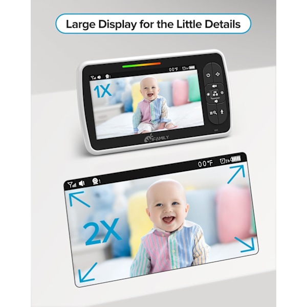 Baby Monitor - Stor 5\" skjerm med 30 timers batterilevetid - Fjernstyrt panorering-tilt-zoom; Ingen WiFi, toveis lyd, nattsyn, temperatur, vuggeviser, 960ft Lo