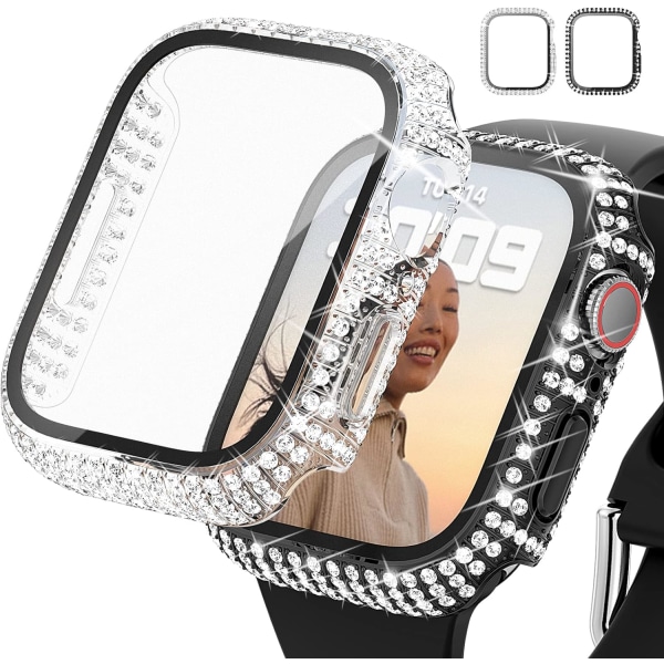 2-pakkaus Bling-kotelo Apple Watch Series 7 41 mm:lle, jossa sisäänrakennettu karkaistu lasinen näytönsuoja, Full Bling Coverage Crystal Diamonds -kuori iWatchille