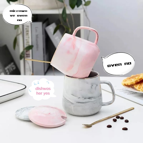 Marmorerad Nordisk Stil med Lock Kaffe Muggar 16oz Keramiska Kaffe Muggar för Män/Kvinnor - Set om 2 med Skedar, Perfekt för Soppa Presenter