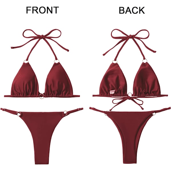 Sexede bikinier til kvinder 2-delt bikini spaghetti strop badedragter ensfarvet badetøj trekant badedragt Wine Red XL