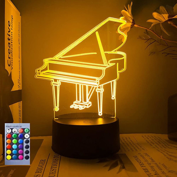3D Pianonattlampe med Illusionslys, 16 Fargeendringer, Bord- og Skrivebordsdekorasjon, Akryl Flat ABS-base, USB-kabel, Bursdagsgave, Leke