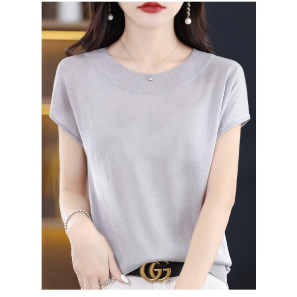 Sommer Ny Casual Kortærmet Dame Rund Hals Strik Sweater Ærme T-shirt Løs Western-stil Lys Silke Elegant Top Light Gray 2XL