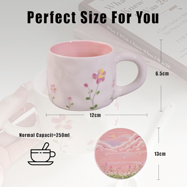 Rosa Blomster Kaffe Kanne Tekopp Søt Og Delikat Håndmalt Mønster Egnet For Jenter Tykk Keramikk 8oz